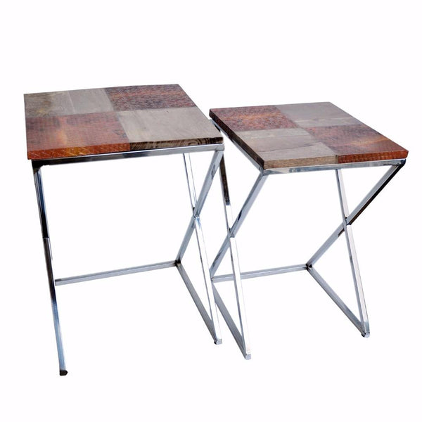 Courtly Elegant Set of 2 Side Tables-Side Tables and End Tables-Multicolor-METAL WOOD-JadeMoghul Inc.