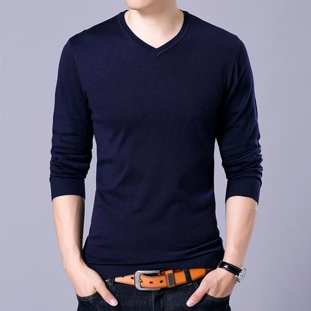 Covrlge Mens Sweaters 2017 Autumn Winter New Sweater Men V Neck Solid Slim Fit Men Pullovers Fashion Male Polo Sweater MZM004-Navy-S-JadeMoghul Inc.