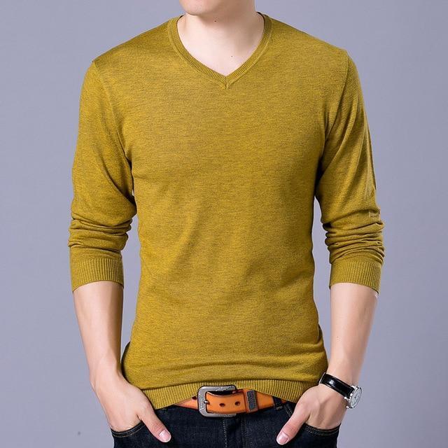 Covrlge Mens Sweaters 2017 Autumn Winter New Sweater Men V Neck Solid Slim Fit Men Pullovers Fashion Male Polo Sweater MZM004-Yellow-S-JadeMoghul Inc.