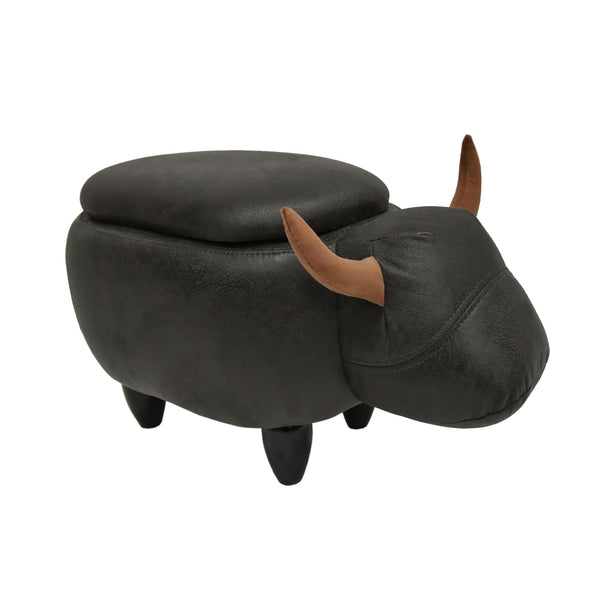 Cow Shaped Wooden Storage Ottoman with Fabric Upholstery, Gray and Brown