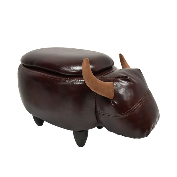 Cow Shaped Wooden Storage Ottoman with Leatherette Upholstery, Espresso Brown