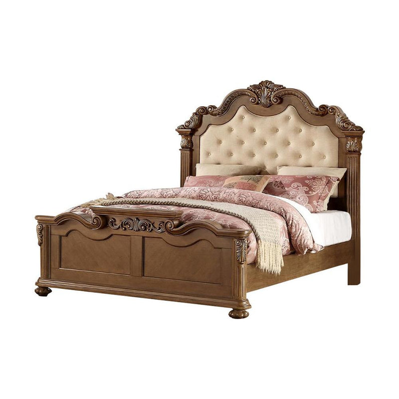 Cream Tufted Wooden E.King Bed, Light Honey Brown-Panel Beds-Light Brown-Pine Wood Mdf W/ Cherry Veneer-JadeMoghul Inc.