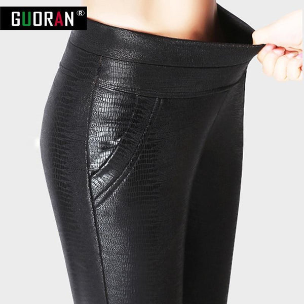 Crocodile Print Embossed Patent Leather Pants-Black-S-JadeMoghul Inc.