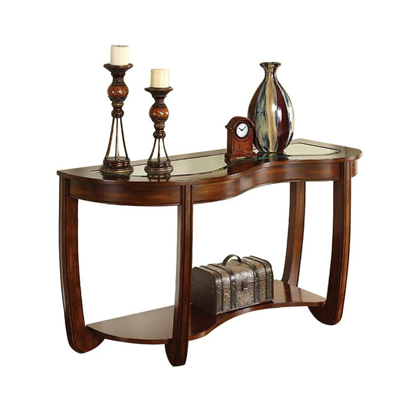 Crystal Falls Transitional Style Sofa Table-Console Tables-Dark Cherry-Tempered Glass Solid Wood Wood Veneer & Others-JadeMoghul Inc.