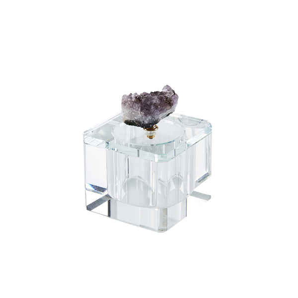Crystal Square Storage Box Topped with Amethyst Geode, Clear and Purple-Decorative & Storage Boxes-Clear and Purple-Crystal Agate and Metal-JadeMoghul Inc.