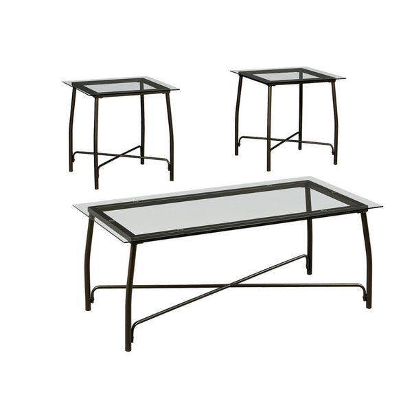 Curved Metal Framed Table Set with Glass Top and Cross Base, Set of Three, Bronze and Clear-Accent Tables-Bronze and Clear-Metal-JadeMoghul Inc.