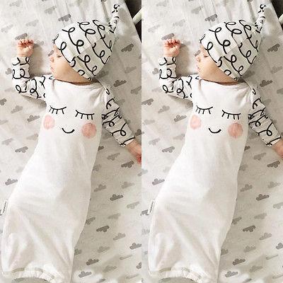 Cut Newborn Baby Clothes Sleepy Eyes+Rosy Cheeks Baby Gown Hat Infant Newborn Coming Home Sleepwear Sleeping Bags-White-0-3 months-JadeMoghul Inc.