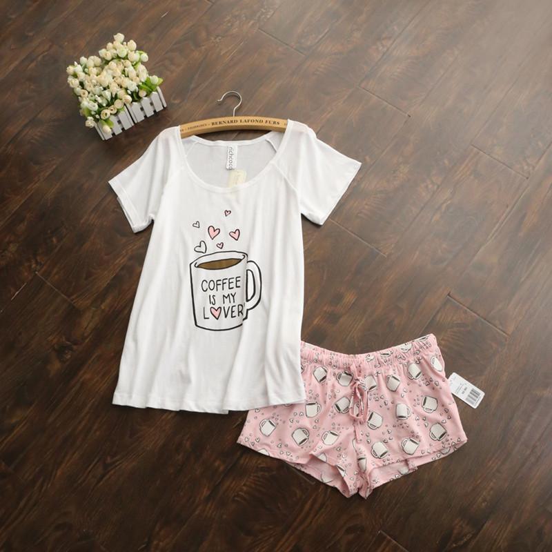 Cute pajamas sets with white and pink /grey and green color coffee cups printed women pajama sets hot selling-Beige-One Size-JadeMoghul Inc.