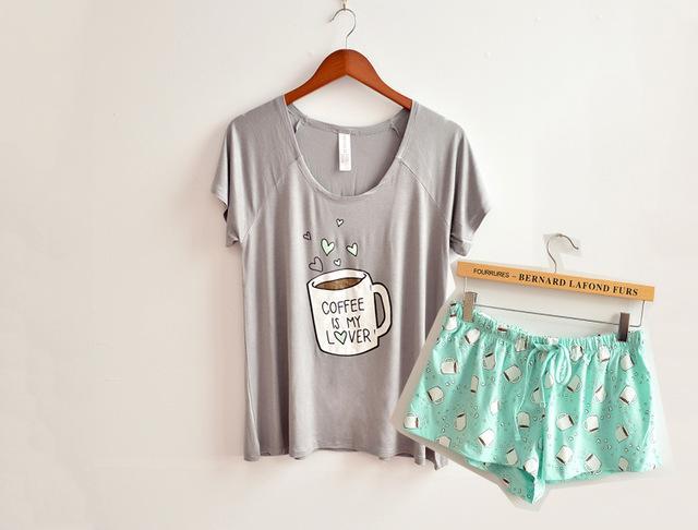 Cute pajamas sets with white and pink /grey and green color coffee cups printed women pajama sets hot selling-Gray-One Size-JadeMoghul Inc.