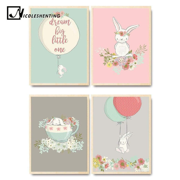 Cute Rabbit Balloon Poster Nursery Wall Art Canvas Print Cartoon Nordic Style Painting Picture Children Living Room Decoration