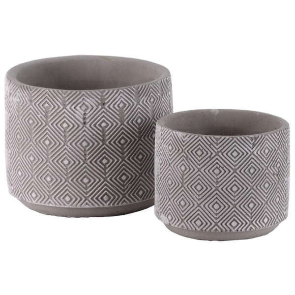 Cylindrical Cemented Pots with Engraved Lattice Diamond Pattern, Washed Gray,Set of 2-Home Accent-Gray-Cement-JadeMoghul Inc.