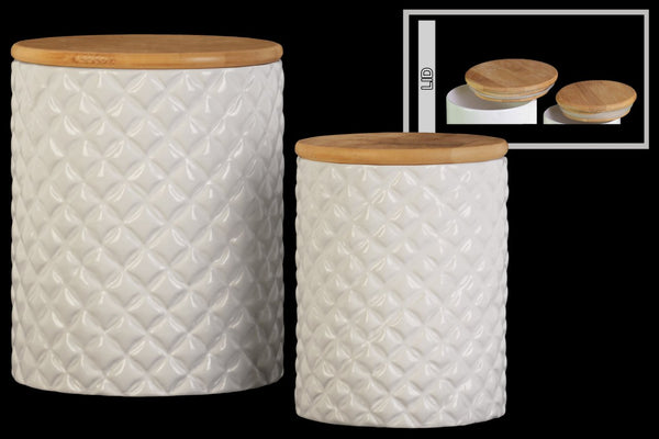 Cylindrical Ceramic Canister With Lattice Diamond Design, Set of 2, White-CANISTER SETS-White-Ceramic-JadeMoghul Inc.