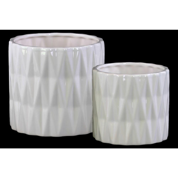 Cylindrical Ceramic Pot with Polygonal Pattern, Glossy White, Set of 2-Home Accent-White-Ceramic-JadeMoghul Inc.