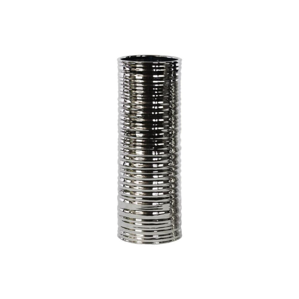 Cylindrical Shape Ceramic Vase With Rippled Pattern, Large, Silver-Vases-Silver-Ceramic-Chrome Finish-JadeMoghul Inc.