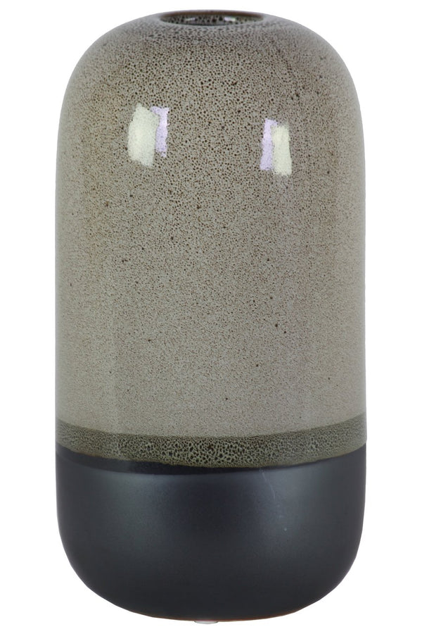 Cylindrical Stoneware Vase With Black Banded Rim Bottom, Large, Glossy Gray-Home Accent-Gray And Black-Stoneware-JadeMoghul Inc.