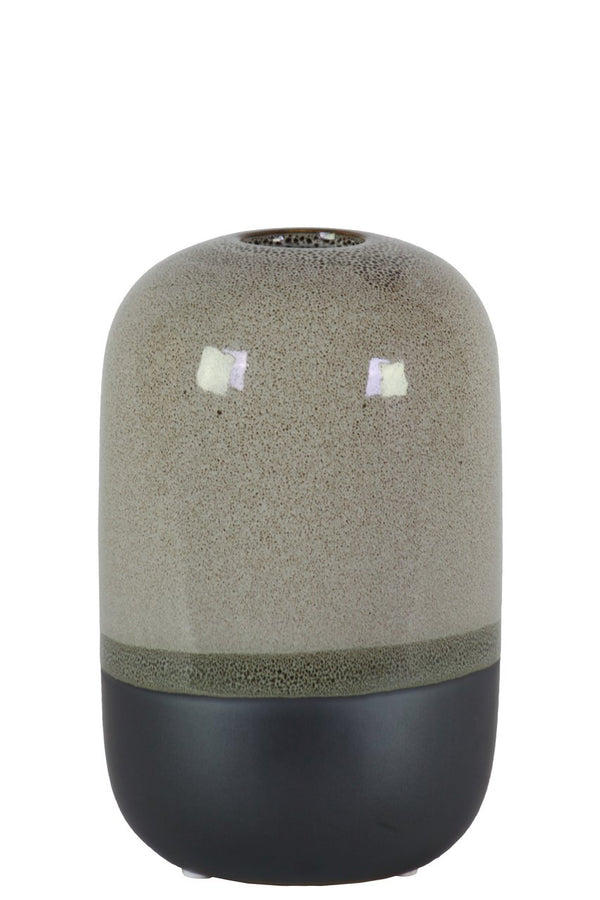 Cylindrical Stoneware Vase With Black Banded Rim Bottom, Small, Glossy Gray-Home Accent-Gray And Black-Stoneware-JadeMoghul Inc.