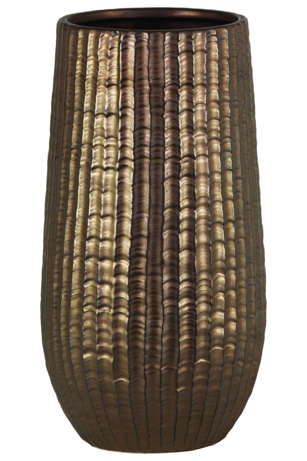 Cylindrical Stoneware Vase With Engraved Zigzag Design, Large, Bronze-Home Accent-Bronze-Stoneware-JadeMoghul Inc.