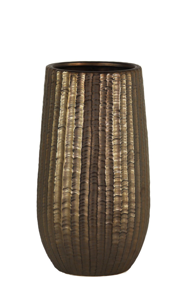 Cylindrical Stoneware Vase With Engraved Zigzag Design, Small, Bronze-Home Accent-Bronze-Stoneware-JadeMoghul Inc.