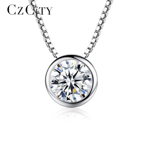CZCITY Brand Charm 1 Carat Zircon Stone Pendant 925 Silver Box Chain Necklace for Women Simple Classic Silver Jewelry Gift-White-40cm-JadeMoghul Inc.