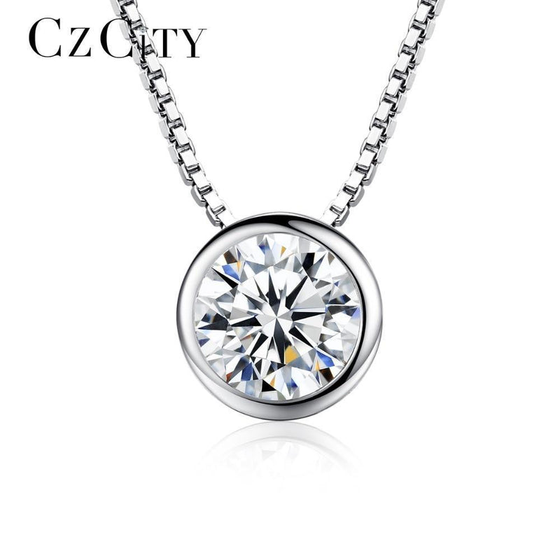 CZCITY Brand Charm 1 Carat Zircon Stone Pendant 925 Silver Box Chain Necklace for Women Simple Classic Silver Jewelry Gift-White-40cm-JadeMoghul Inc.