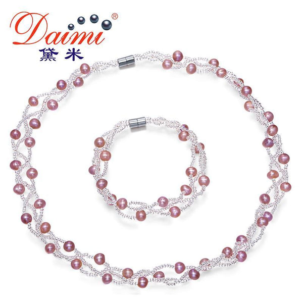 DAIMI Natural Pearl Necklace Bracelet Wedding Jewelry, 5-6mm Cultured Pearl White Pink Lavender Pearl Sets, Bridal Jewelry Sets-China-Lavender Sets-JadeMoghul Inc.
