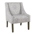 Damask Pattern Fabric Upholstered Wooden Accent Chair with Swooping Armrests, Gray and Brown-Accent Chairs-Gray and Brown-Wood and Fabric-JadeMoghul Inc.