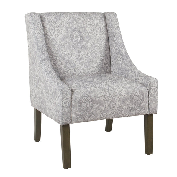 Damask Pattern Fabric Upholstered Wooden Accent Chair with Swooping Armrests, Gray and Brown-Accent Chairs-Gray and Brown-Wood and Fabric-JadeMoghul Inc.