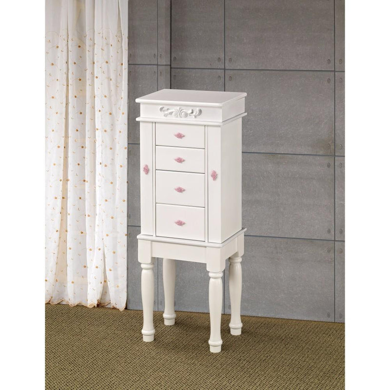 Dazzling Jewelry Armoire With Felt Lined Doors And Drawers, White-Jewelry Armoires-White-Wood-JadeMoghul Inc.
