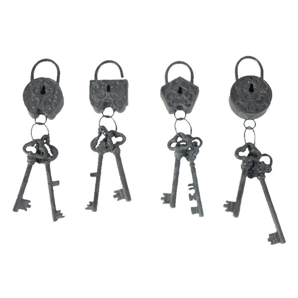 Decorative 4 Piece Lock and Key Set Wall Accent, Antique Silver-Decorative Objects-Silver-Metal-JadeMoghul Inc.