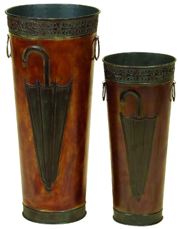 Decorative Accessories Set of 2 Metal Umbrella Stand, Brown Benzara