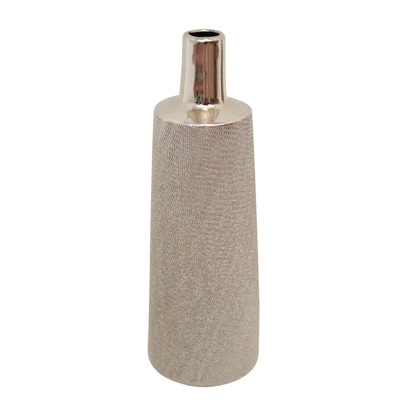 Decorative Bottle Shaped Ceramic Vase with Textured Pattern, Champagne Silver-Vases-Silver-Ceramic-JadeMoghul Inc.