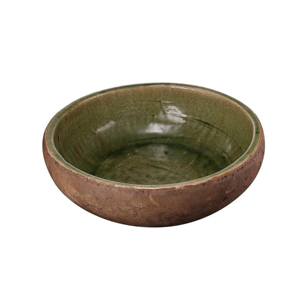 Decorative Bowls Round Shaped Two-Tone Ceramic Serving Dish, Green and Brown Benzara