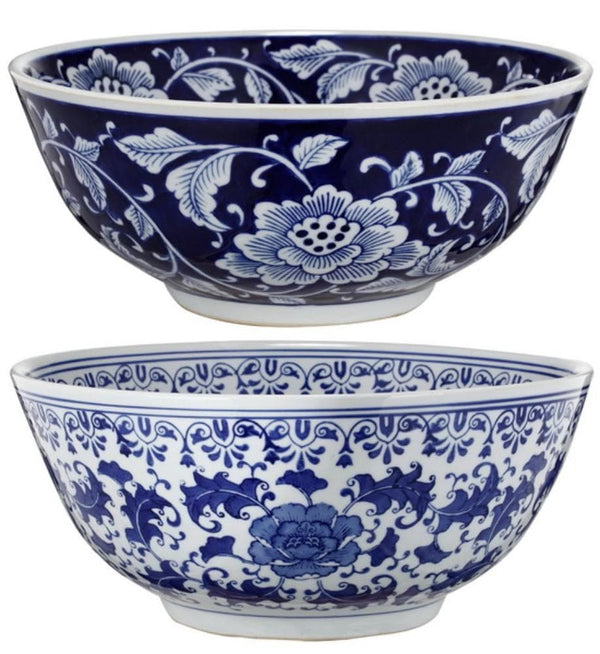 Decorative Bowls Set Of 2 Ceramic Bowls, Blue And White, Benzara