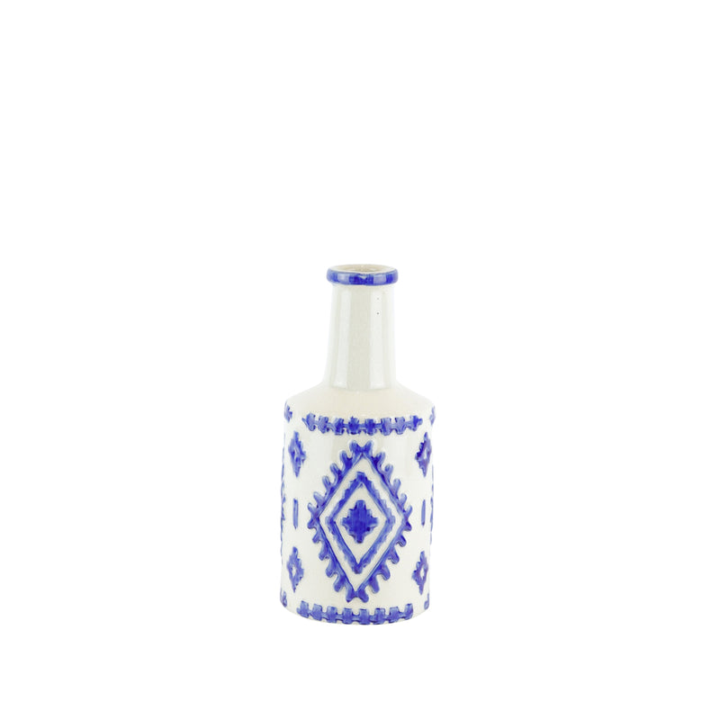 Decorative Ceramic Bottle Vase with Tribal Pattern, White and Blue-Vases-White and Blue-Ceramic-JadeMoghul Inc.