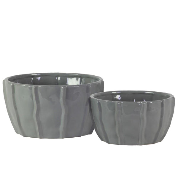 Decorative Ceramic Bowl With Embedded Wave Design, Glossy gray, Set of 2-Home Accent-Gray-Ceramic-JadeMoghul Inc.