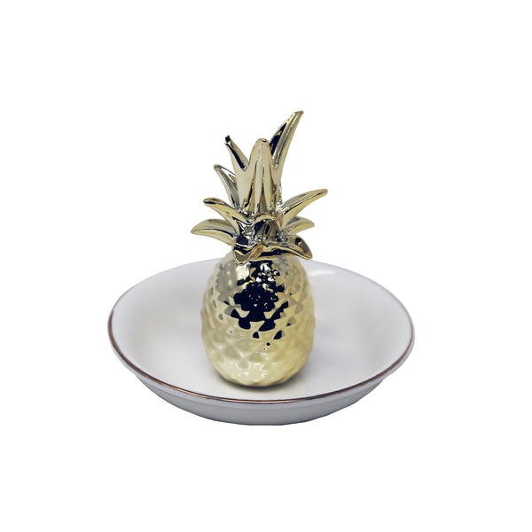 Decorative Ceramic Pineapple Ring Holder with Trinket Tray, White and Gold-Decorative Objects-White and Gold-Ceramic-JadeMoghul Inc.
