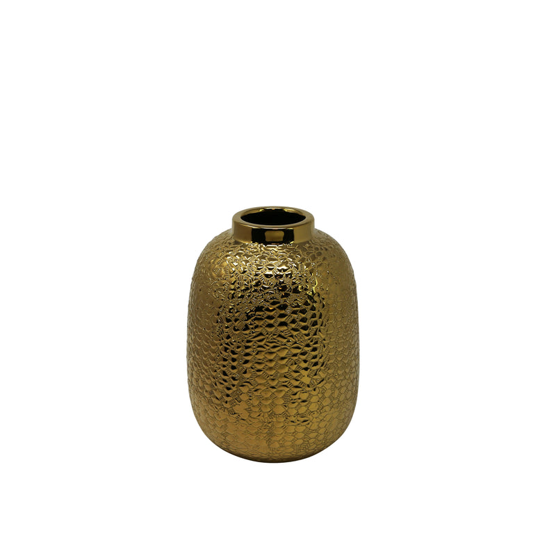 Decorative Ceramic Table Vase with Alligator Skin Like Texture, Small, Gold-Vases-Gold-Ceramic-JadeMoghul Inc.