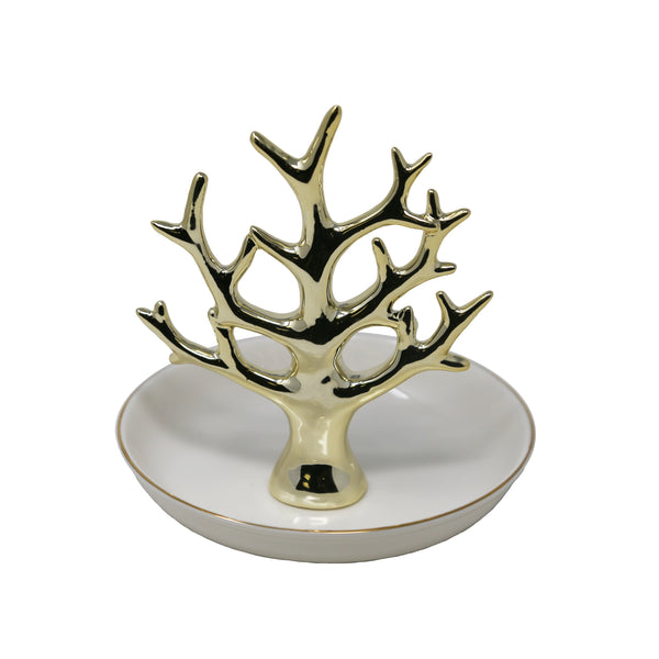 Decorative Ceramic Tree Ring Holder with Trinket Tray, White and Gold-Decorative Objects-White and Gold-Ceramic-JadeMoghul Inc.