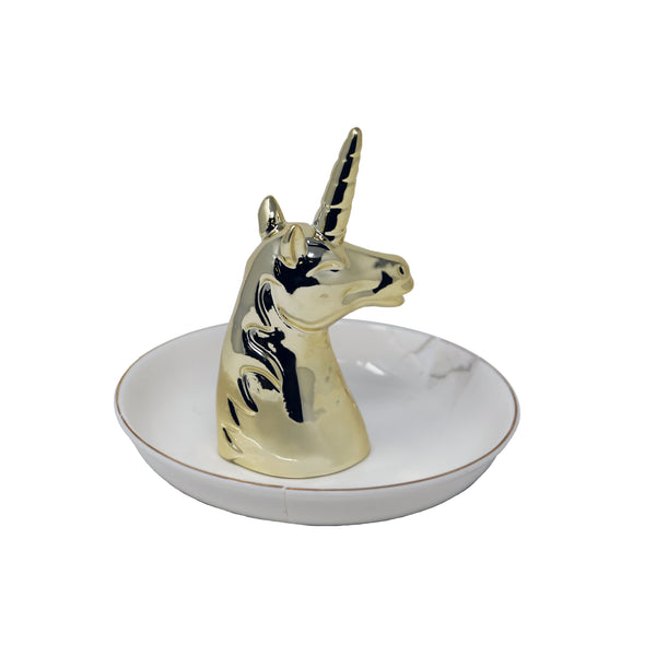 Decorative Ceramic Unicorn Ring Holder with Trinket Tray, Large, White and Gold-Decorative Objects-White and Gold-Ceramic-JadeMoghul Inc.