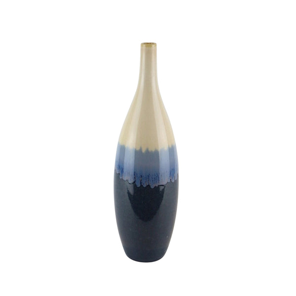 Decorative Ceramic Vase with Drip Glaze Design and Elongated Neck, Beige and Blue-Vases-Beige and Blue-Ceramic-JadeMoghul Inc.