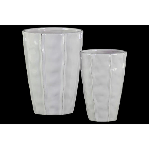 Decorative Ceramic Vase With Embedded Wave Design, Glossy White, Set of 2-Vases-White-Ceramic-JadeMoghul Inc.