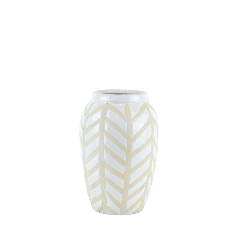 Decorative Ceramic Vase with Unique Pattern, White and Beige-Vases-White and Beige-Ceramic-JadeMoghul Inc.