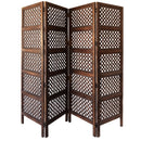 Decorative Four Panel Mango Wood Hinged Room Divider with Circular Cutout Design, Brown