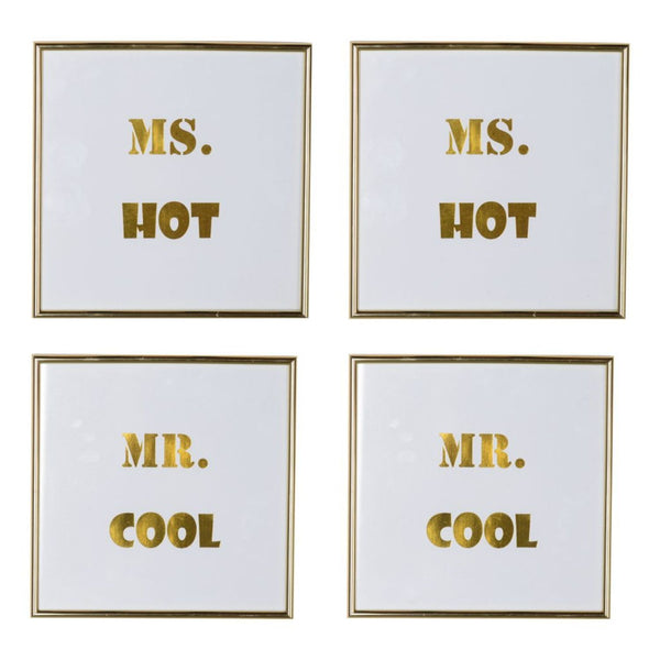 Decorative Mr. and Ms. Wall Art in Plastic Frame, Small, Set of Four, White and Gold