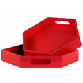 Decorative Trays Sturdy Hexagon Serving Tray with Cutout Handles, Set of 2-Red-Benzara Benzara