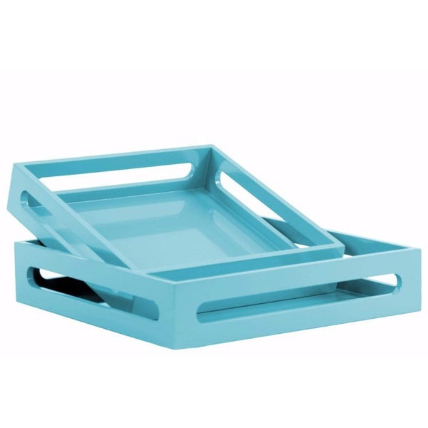 Wood Square Serving Tray with Cutout Handles Set of 2 - Blue - Benzara