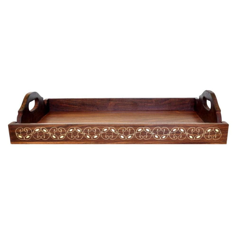 Wooden Serving Tray With Brass Inlay Work, Brown