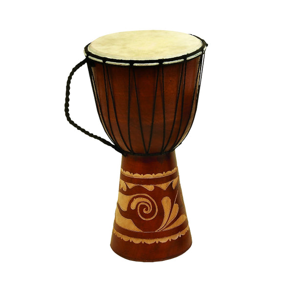 Decorative Wood and Faux Leather Djembe Drum with Side Handle, Large, Brown and Cream-Decorative Accessories-Brown-Wood-JadeMoghul Inc.