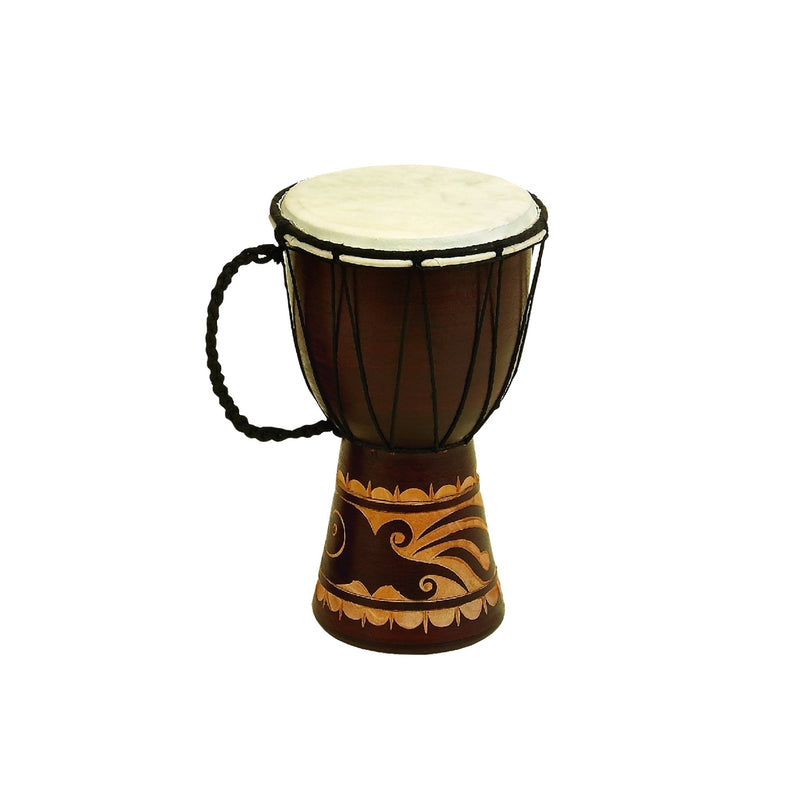 Decorative Wood and Faux Leather Djembe Drum with Side Handle, Small, Brown and Cream-Decorative Accessories-Brown , White-Wood-JadeMoghul Inc.