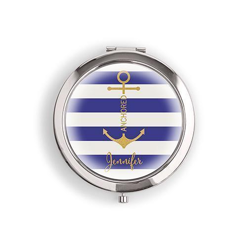 Designer Compact Mirror - Anchor on Stripes Print Gold Royal Blue (Pack of 1)-Personalized Gifts for Women-Royal Blue-JadeMoghul Inc.